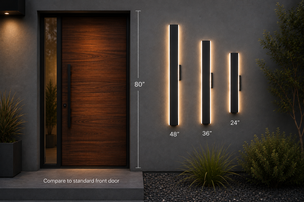 Three modern vertical wall light fixtures in black with warm white LED lighting are shown mounted on a gray exterior wall next to a wooden front door. White dimension lines indicate the heights 48 inches, 36 inches, and 24 inches, with a note at the bottom reading 'Compare to standard front door'.