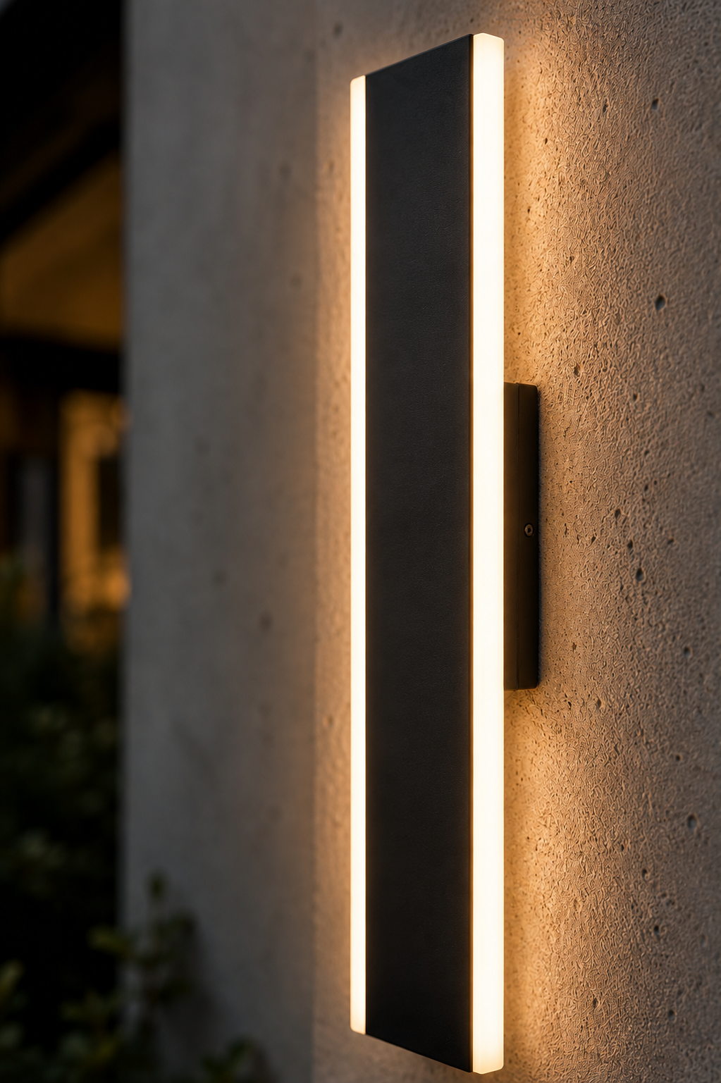 A modern vertical rectangular outdoor wall sconce light fixture with a matte black frame and warm white LED lighting, mounted on a textured concrete wall.