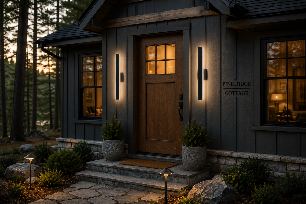 Modern dark gray cottage exterior at dusk with a wooden front door, vertical wall sconces, stone steps, potted plants, and the sign 'PINE RIDGE COTTAGE' on the wall.