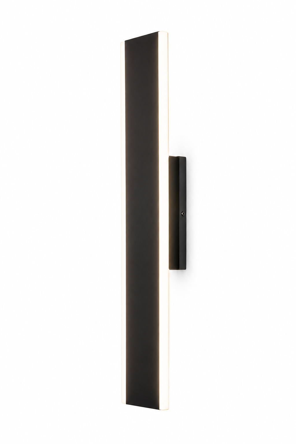 A modern vertical rectangular wall sconce in matte black, featuring a slim illuminated light bar and a small central control button, shown against a plain white background.