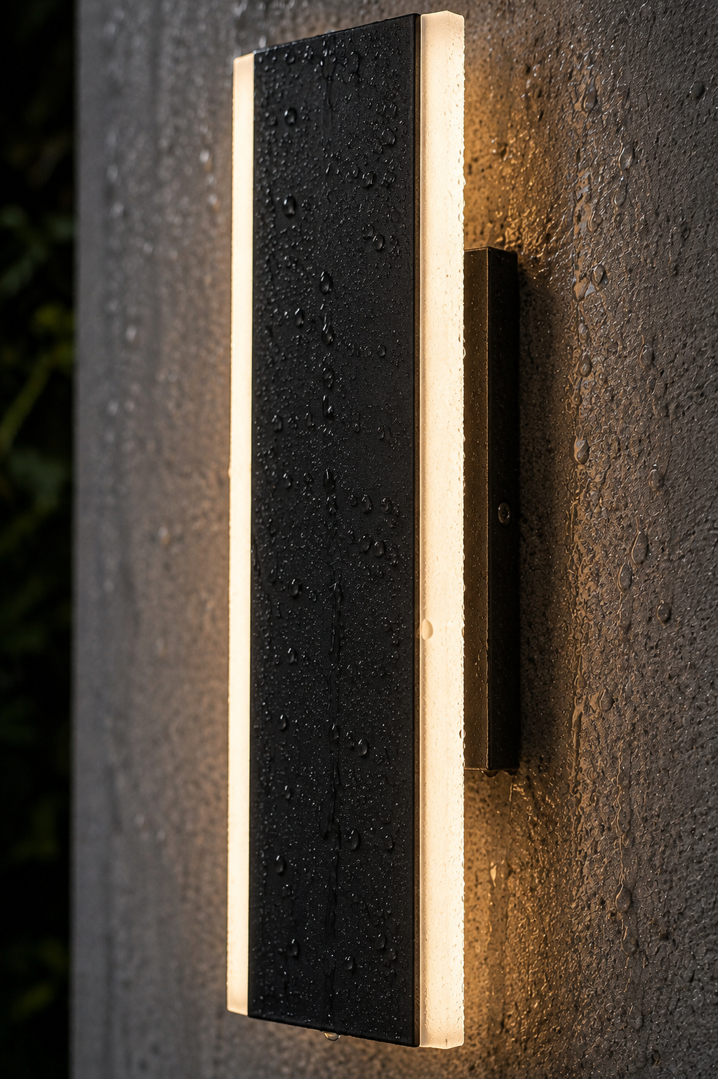 A vertical rectangular outdoor wall light with a textured black finish and warm white LED lighting, mounted on a rough concrete wall.